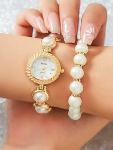 Bộ 5 chiếc/bộ đồng hồ thạch anh mặt nhỏ đính đá Rhinestone chất lượng cao dành cho tuổi teen, dây đeo bằng thép ngọc trai tối giản, thích hợp làm quà tặng sinh nhật, quà tặng Halloween, - Vàng - Xem 3
