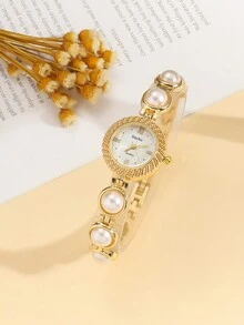 Bộ 5 chiếc/bộ đồng hồ thạch anh mặt nhỏ đính đá Rhinestone chất lượng cao dành cho tuổi teen, dây đeo bằng thép ngọc trai tối giản, thích hợp làm quà tặng sinh nhật, quà tặng Halloween, - Vàng - Xem 5