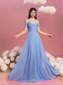 Vestido formal de línea A de hombros descubiertos para adolescentes con detalle de lazo en la espalda - Silueta fluida elegante para ceremonias de graduación, galas de alfombra roja, atuendos de invitados a bodas, fiestas de cumpleaños, eventos de concursos - Azul - Ver 8