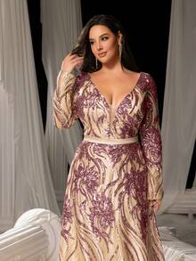 Faeriesty 大码优雅深V领露背晚礼服，搭配透视A字裙摆和闪亮亮片，适合正式宴会和摄影场合，女士穿着。 - 藕粉色 - 查看 7