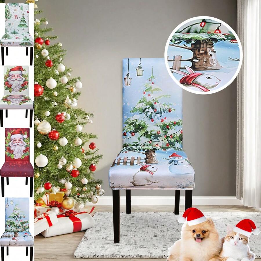 Pokrowce na krzesła świąteczne do jadalni Pokrowce na krzesła z nadrukiem Dekoracje świąteczne Najnowsze rozciągliwe zdejmowane pokrowce na krzesła Antypoślizgowe, zmywalne ochraniacze na meble do kuchni, rozciągliwe pokrowce na składane krzesła Spandex 5 szt. Uniwersalny dopasowany pokrowiec na krzesło Ochraniacz na wesele, imprezę, bankiet, święta, uroczystości,