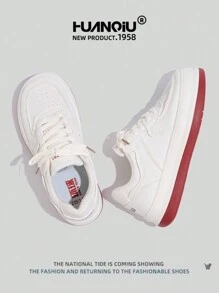 HUANQIU Women Thick Sole Versatile Comfortable Stylish Sneakers, White & Red, Casual Sports Platform Shoes For Students, Suitable For All Seasons