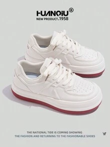 HUANQIU Women Thick Sole Versatile Comfortable Stylish Sneakers, White & Red, Casual Sports Platform Shoes For Students, Suitable For All Seasons