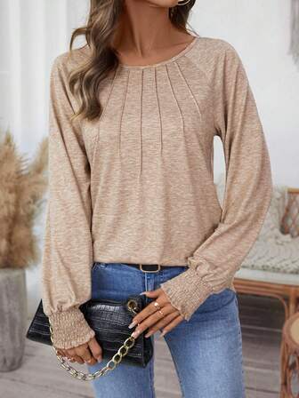 New Ladies Long Sleeve Pleated Seam T-Shirt