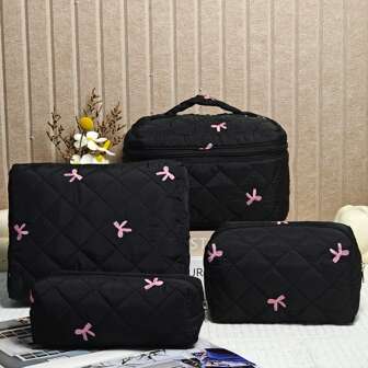 Women's Bow Embroidered And Quilted Makeup Bag Sets, Cute Macaron Color Large Capacity Cosmetic Bag, Lightweight Fluffy Filling Toiletries Bag For Travel Storage,Daily Use. For School Cosmetic Bag Back To School Supplies Cosmetic Storage School Stuff Bag Organizer Room Stuff Travel Essentials Make Up Bag Holiday Essentials Makeup Bags Makeup Pouch Makeup Organizer Holiday Winter