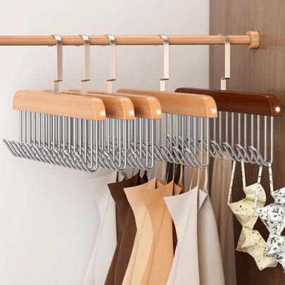 3pcs Wooden Clothes Hanger With 8 Hooks, Space Saving Multipurpose Heavy Duty 360° Rotating Wardrobe Storage Organizer For Tank Tops, Swimwear, Bras, Scarves, Hats, Belts, Ideal Home Furnishings Dress Pants Shoes Jeans Boots Skirt,Spring,Minimalist,Summer Tops