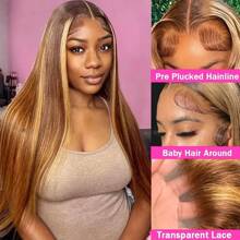 250% Density 4/27 Highlight Ombre Lace Front Wig Human Hair 13x4 Frontal HD Transparent Lace Pre Plucked Straight Lace Front Wig Human Hair Brown Colored Honey Blonde Lace Front Wig Human Hair - SP4/27 - 查看 9