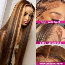 250% Density 4/27 Highlight Ombre Lace Front Wig Human Hair 13x4 Frontal HD Transparent Lace Pre Plucked Straight Lace Front Wig Human Hair Brown Colored Honey Blonde Lace Front Wig Human Hair - SP4/27 - 查看 5