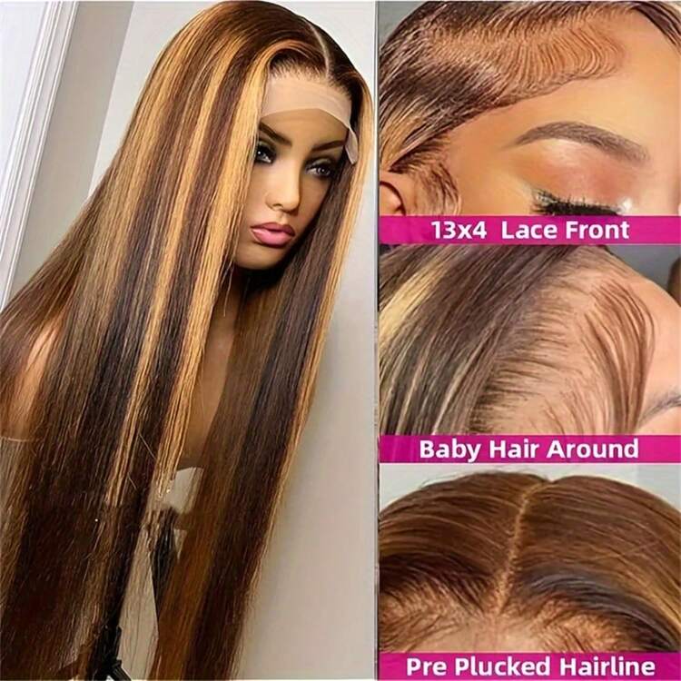 250% Density 4/27 Highlight Ombre Lace Front Wig Human Hair 13x4 Frontal HD Transparent Lace Pre Plucked Straight Lace Front Wig Human Hair Brown Colored Honey Blonde Lace Front Wig Human Hair - 間色 - 查看 5