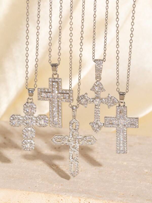 1pc European & American Rhinestone Hip Hop Style Pendant Necklace Vintage Copper Rhinestone Cross Choker Necklace Titanium Steel Necklace Pendant, Everyday Wear