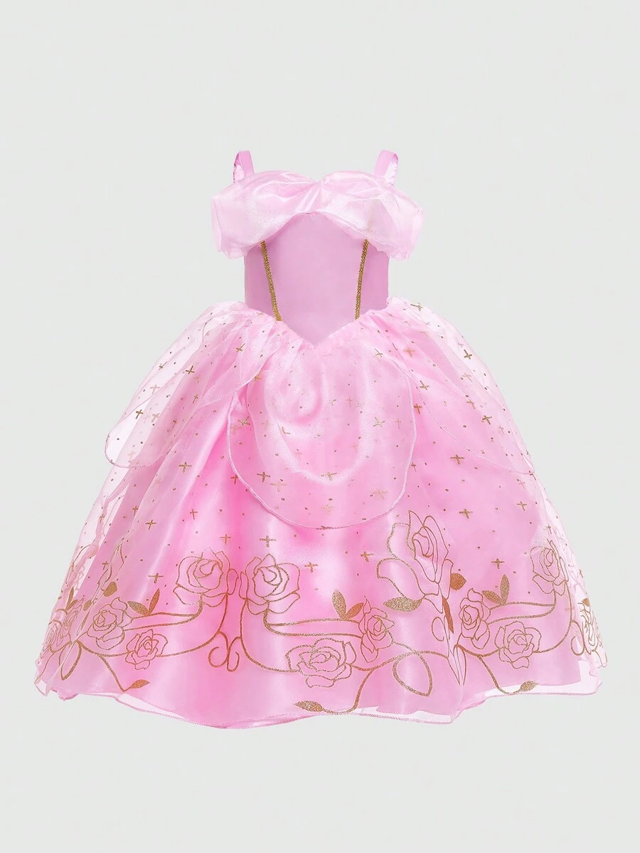 小女孩粉色花朵公主派对礼服 - 彩色 - 查看 1