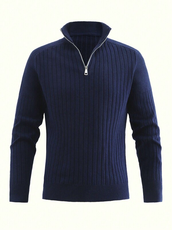 Men's Navy Blue Mock Neck Half Zipper Business Casual Commute Simple Elegant Fashion Pullover Sweater, For Fall Winter