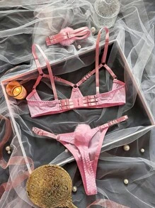 Sexy Women Lace Lingerie Set, Pink Mesh Fuzzy Hollow-Out Push Up Bra And Panty - Pink - View 7