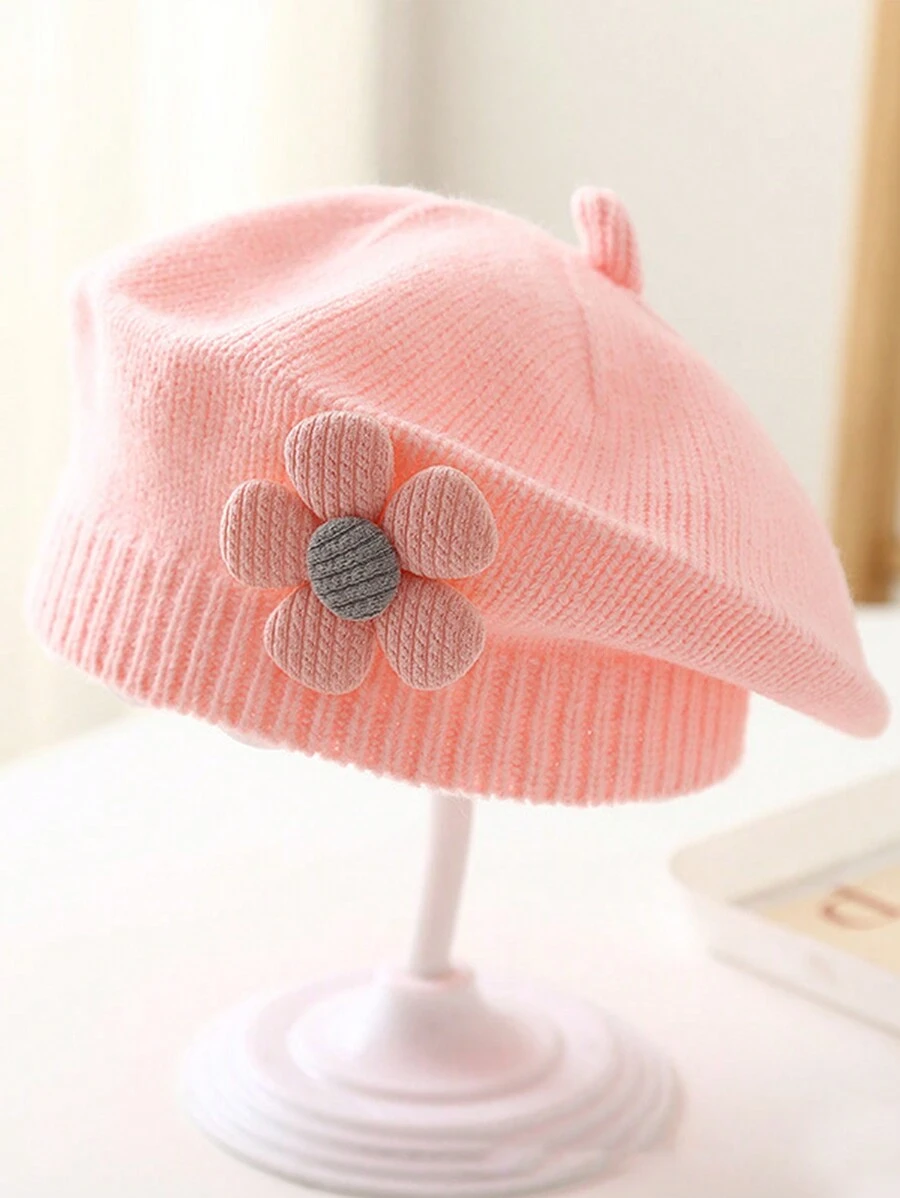 1pc Baby 0-3 Years Old Baby Children's Beret, Cute Boys And Girls Knitted Hat, Floral Fashion Solid Color Spring And Winter Winter Winter Warm Children's Hat