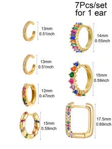 Bộ 7 chiếc/Bộ (Dành cho 1 bên tai) Bộ khuyên tai tròn mạ vàng nhiều màu Zirconia cho nữ, Phụ kiện trang sức cho học sinh khi trở lại trường - 7 cái/bộ - Xem 4