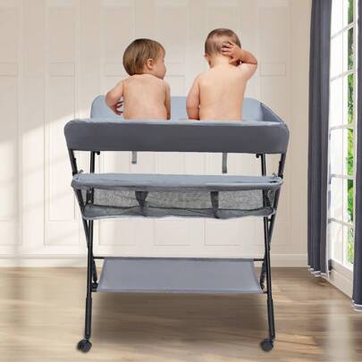 Eatssode Cambiador móvil, plegable, regulable en altura, accesorio para cambiar pañales, bañera con cambiador, cinturón de seguridad y compartimentos portaobjetos, combinación de cambiador con ruedas 80 x 63 x 96 cm