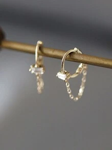 1 Pair S925 Sterling Silver Square Cubic Zirconia Tassel Chain Hoop Earrings, Classic Jewelry Gift For Women, Wedding/Date