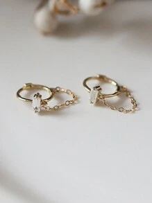1 Pair S925 Sterling Silver Square Cubic Zirconia Tassel Chain Hoop Earrings, Classic Jewelry Gift For Women, Wedding/Date