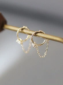 1 Pair S925 Sterling Silver Square Cubic Zirconia Tassel Chain Hoop Earrings, Classic Jewelry Gift For Women, Wedding/Date