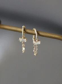1 Pair S925 Sterling Silver Square Cubic Zirconia Tassel Chain Hoop Earrings, Classic Jewelry Gift For Women, Wedding/Date