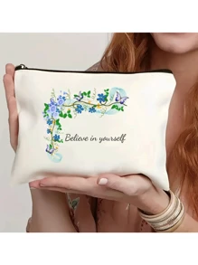 复古花卉化妆包 - 拉链化妆品收纳包，轻便多功能洗漱包，便携式化妆袋，送给妈妈、姐妹、女孩和侄女的完美礼物，适合度假、海滩、浴室、卧室使用，大容量，情人节、圣诞节、万圣节礼物，一体式设计，可定制姓名 - 米色 - 查看 2