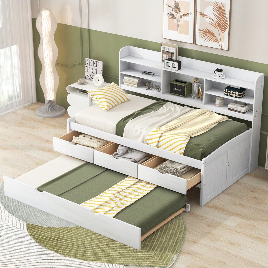 Nordic Solid Wood Double Bed, Wooden BuiltIn Bookshelf, Three Storage