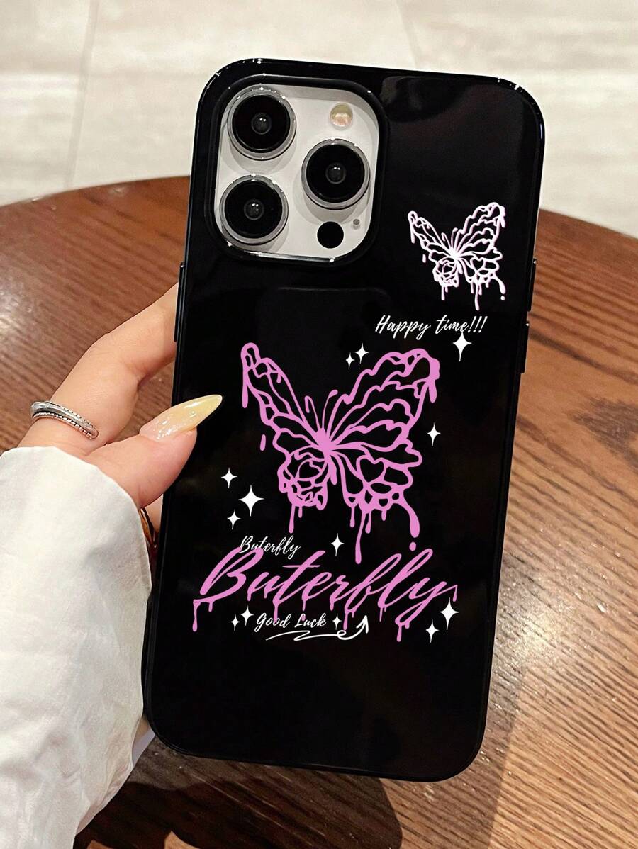 Aesthetic 1pc Jelly Case Compatible With Iphone 11 12 13 14 Pro Max 15, Black-Butterfly Decoration - Multicolor - View 1