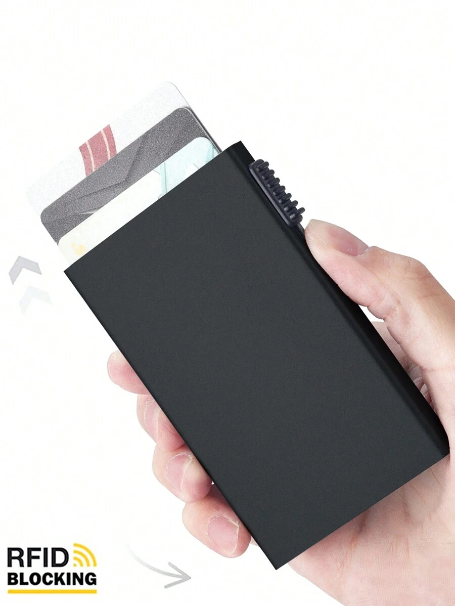 1 件男士铝制卡夹 ID RFID 信用卡夹侧推式 RFID 屏蔽自动弹出银行卡盒智能可拆卸迷你卡包节日礼物父亲日常使用 - A - 查看 1