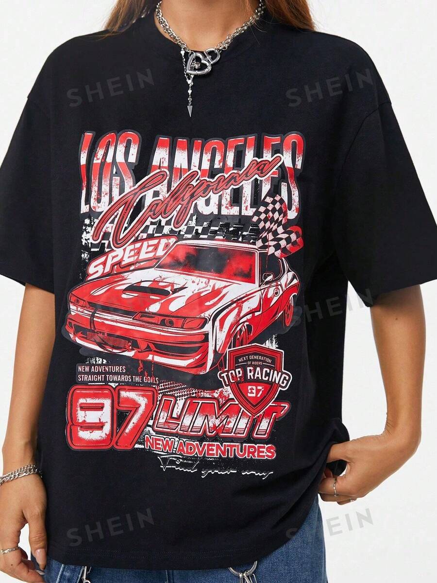Unisex T-Shirt With Letter And Car Print - 黑色 - 查看 1