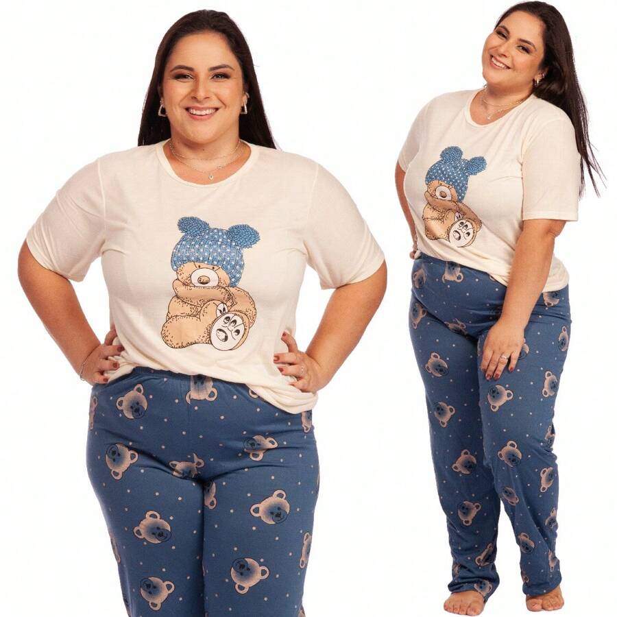 Women's Plus Size Pajamas With Half Sleeves And Long Trousers In Soft Mesh PV - 米色 - 查看 1
