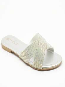 Women's Flat Sandals Wide Strap Rhinestones Shiny In X Open Everyday Comfort Soft Light - 銀色 - 查看 2