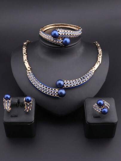 1 Set Fashionable Minimalist Gold Plated Rhinestone & Faux Pearl Necklace, Earrings, Bracelet, Ring Jewelry Accessory, Suitable For Brides, Bridesmaids, Weddings, Galas And Parties