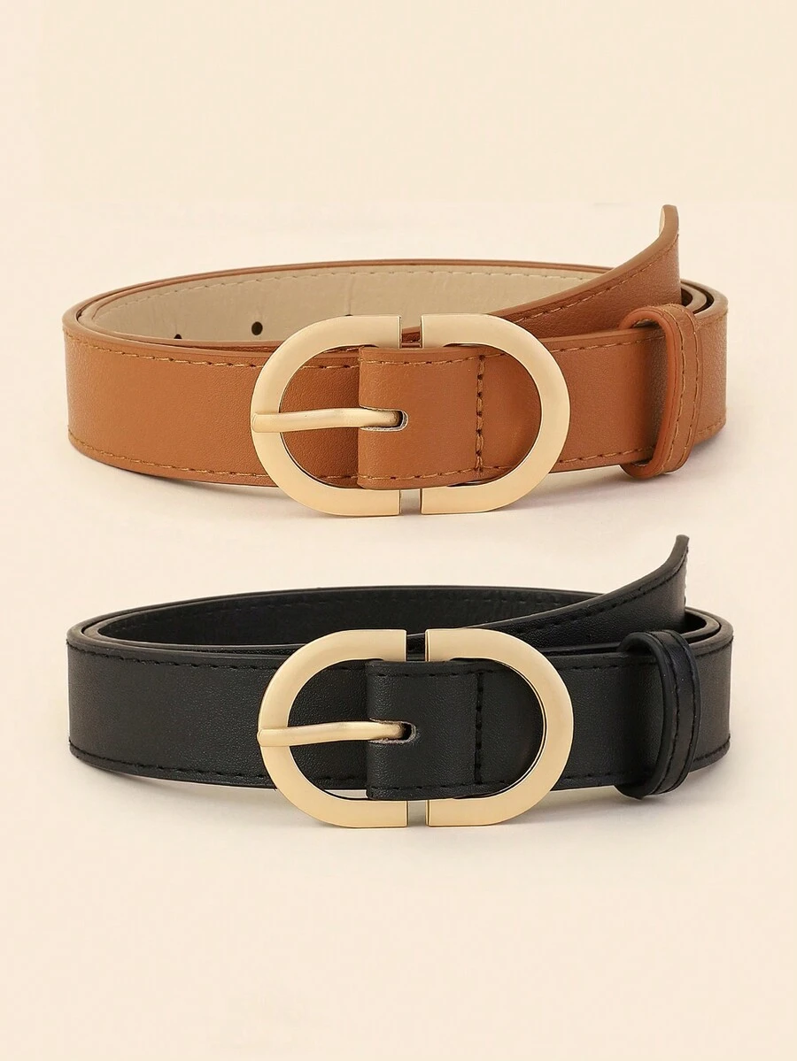 2pcs Stylish Versatile Minimalist Solid Color Metal Buckle Leather Belt - 2pcs (black + Camel) - View 1