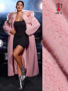 Women's Long Fluffy Coat With Pockets, Patchwork Design And Large Lapel Collar - Pink - View 1