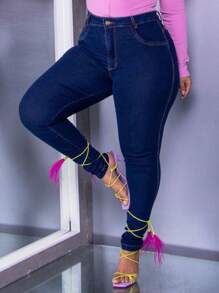 Plus Size High Waisted Elastane Jeans With A Premium Wash - Dark Wash - View 1