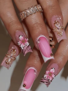 24 piezas de uñas postizas de ataúd largas de alta calidad con rayas brillantes, estampado de leopardo rosa y flores 3D, adhesivas y aptas para uso diario de mujeres y niñas