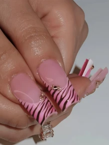 24 piezas de uñas postizas de ataúd largas de alta calidad con rayas brillantes, estampado de leopardo rosa y flores 3D, adhesivas y aptas para uso diario de mujeres y niñas