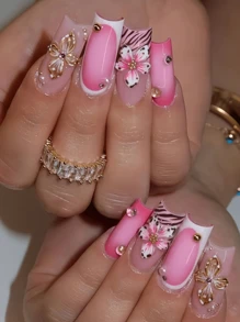 24 piezas de uñas postizas de ataúd largas de alta calidad con rayas brillantes, estampado de leopardo rosa y flores 3D, adhesivas y aptas para uso diario de mujeres y niñas