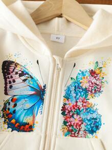 2pcs/Set Young Girl Zip-Up Hooded Butterfly Print Jacket And Pants Set - Apricot - View 3