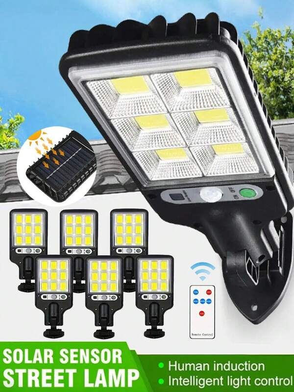 Luz solar para jardim externo de 1/2/4/6 peças, luz de parede 108COB, holofote com sensor de movimento, 3 modos de funcionamento, controle remoto, controle de luz solar, liga/desliga automático, material ABS, à prova d'água e resistente às intempéries, adequado para iluminação de jardim, pátio, varanda, garagem, parede externa e deck