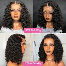 Peluca de cabello humano con ondas profundas de 8 a 16 pulgadas, malla de 13x6, estilo Bob corto, sin pegamento, con densidad de 180%, nudos decolorados previamente y con ondas de agua profunda, peluca frontal de encaje - Natural Black - Ver 8