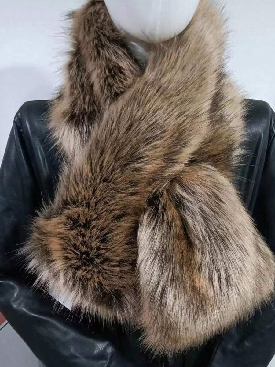 1 件仿豹纹毛多色超厚围巾，适合皮草大衣/夹克，温暖的欧洲时装秀风格冬季秋季