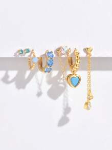 Set de 7 piezas de Elegantes pendientes colgantes con turquesa y circonita con forma de corazón, apropiados para fiestas, festivales, citas o bodas