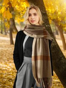 1 件女士格子围巾，超大披肩，非常适合办公室和日常穿着，冬季 - 多色 - 查看 5