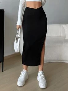Falda mujer larga ajustada casual talle alto con abertura en pierna Negro - Negro - Ver 2