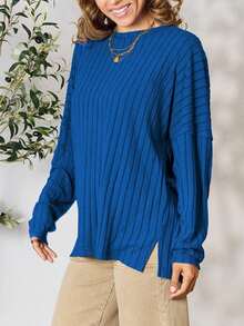 Women's Casual Sweater Oversized Pullover Daily Sweater Royal Blue Solid Color Soft Knit Fabric Long Sleeve Pullover Style Relaxed Fit Crew Neckline Hip-Length Ribbed Pattern Fall/Winter Comfortable And Cozy Ideal For Casual Outings Or Layering - 寶藍色 - 查看 2