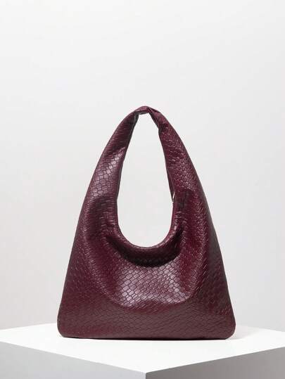 Bolso de hombro de estilo vintage con patrón trenzado de PU, de gran capacidad, color burdeos, forma de luna, bolso de cremallera para axilas, bolso para ir al trabajo y de compras, regalo de Navidad (patrón al azar), bolso inspirado en el estilo retro para mujeres, bolso burdeos de moda