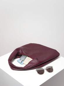 复古 PU 编织图案单肩托特包，大容量，酒红色，月亮形状，拉链腋下包，通勤购物包，圣诞礼物（图案随机），复古风女士包，时尚酒红色包 - 中紫紅色 - 查看 7