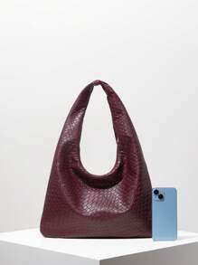复古 PU 编织图案单肩托特包，大容量，酒红色，月亮形状，拉链腋下包，通勤购物包，圣诞礼物（图案随机），复古风女士包，时尚酒红色包 - 中紫紅色 - 查看 3