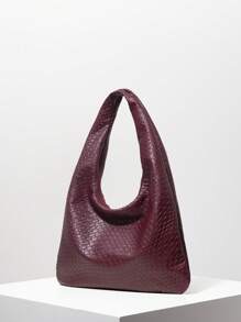 复古 PU 编织图案单肩托特包，大容量，酒红色，月亮形状，拉链腋下包，通勤购物包，圣诞礼物（图案随机），复古风女士包，时尚酒红色包 - 中紫紅色 - 查看 2